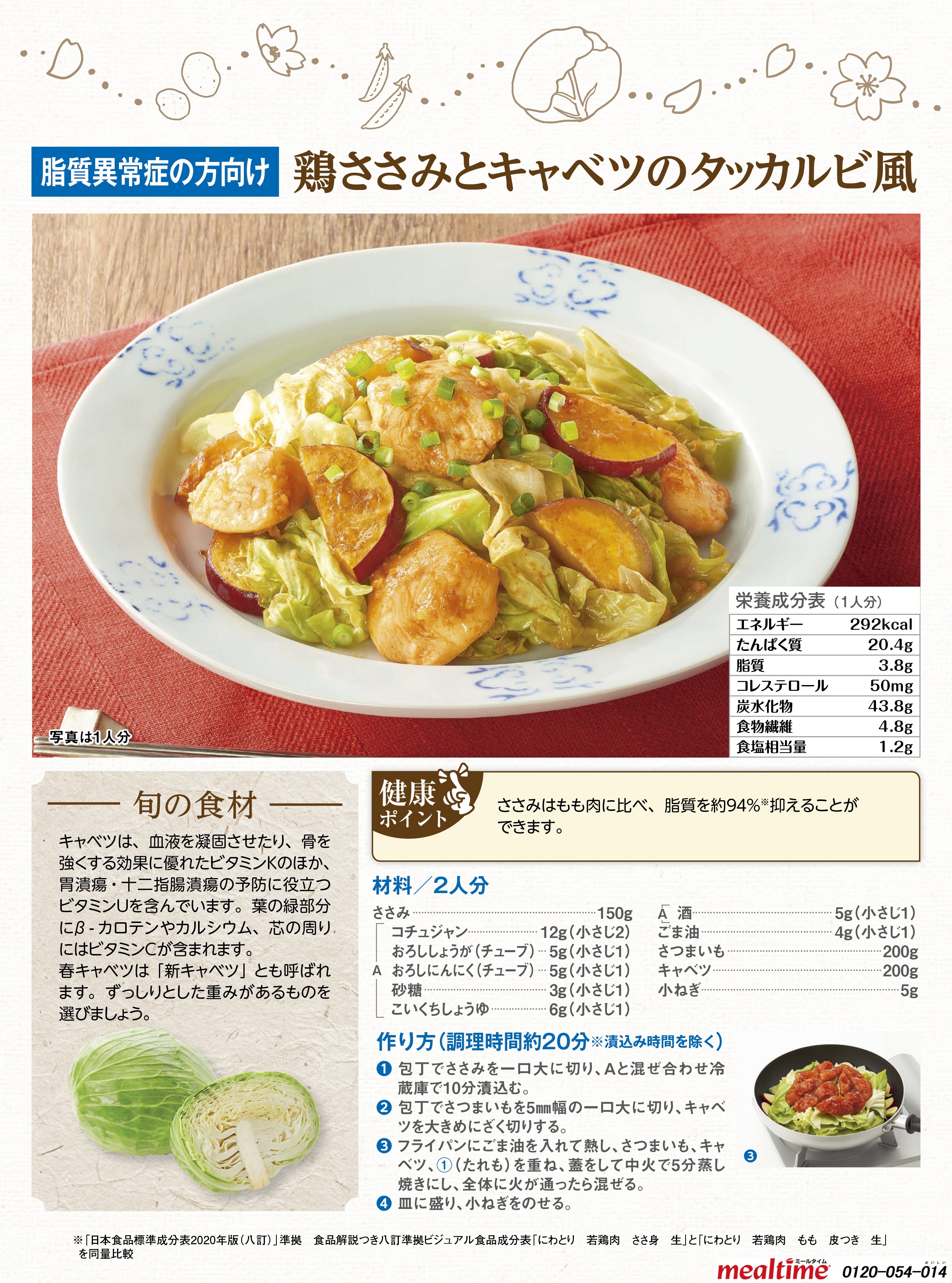 Recipe lipid abnormality lipid abnormality spring 鶏ささみとキャベツのタッカルビ風